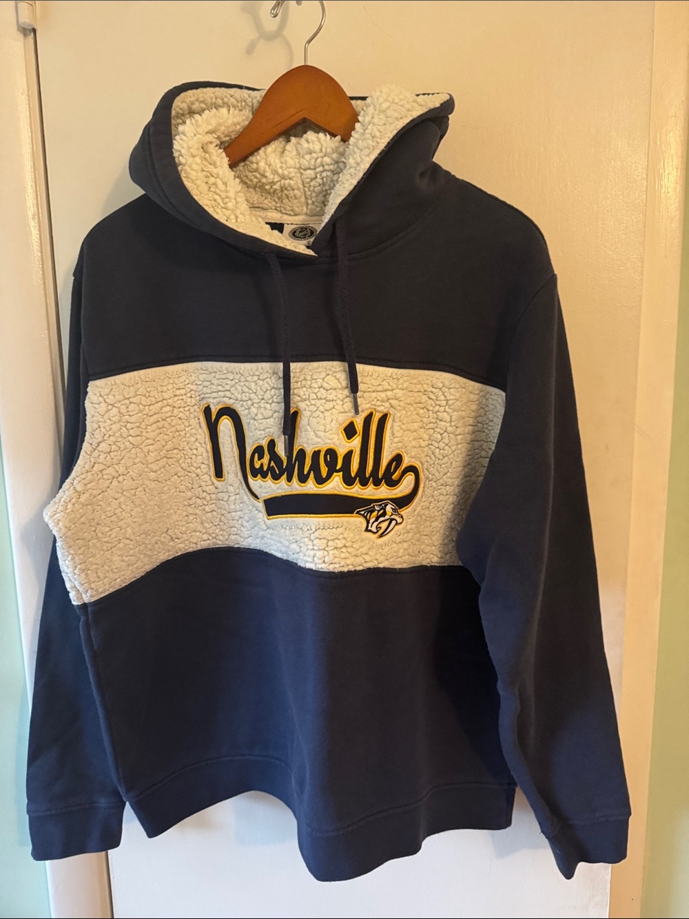 NHL Nashville Sherpa Hoodie Sweatshirt - Navy and Cream with Yellow Accent
